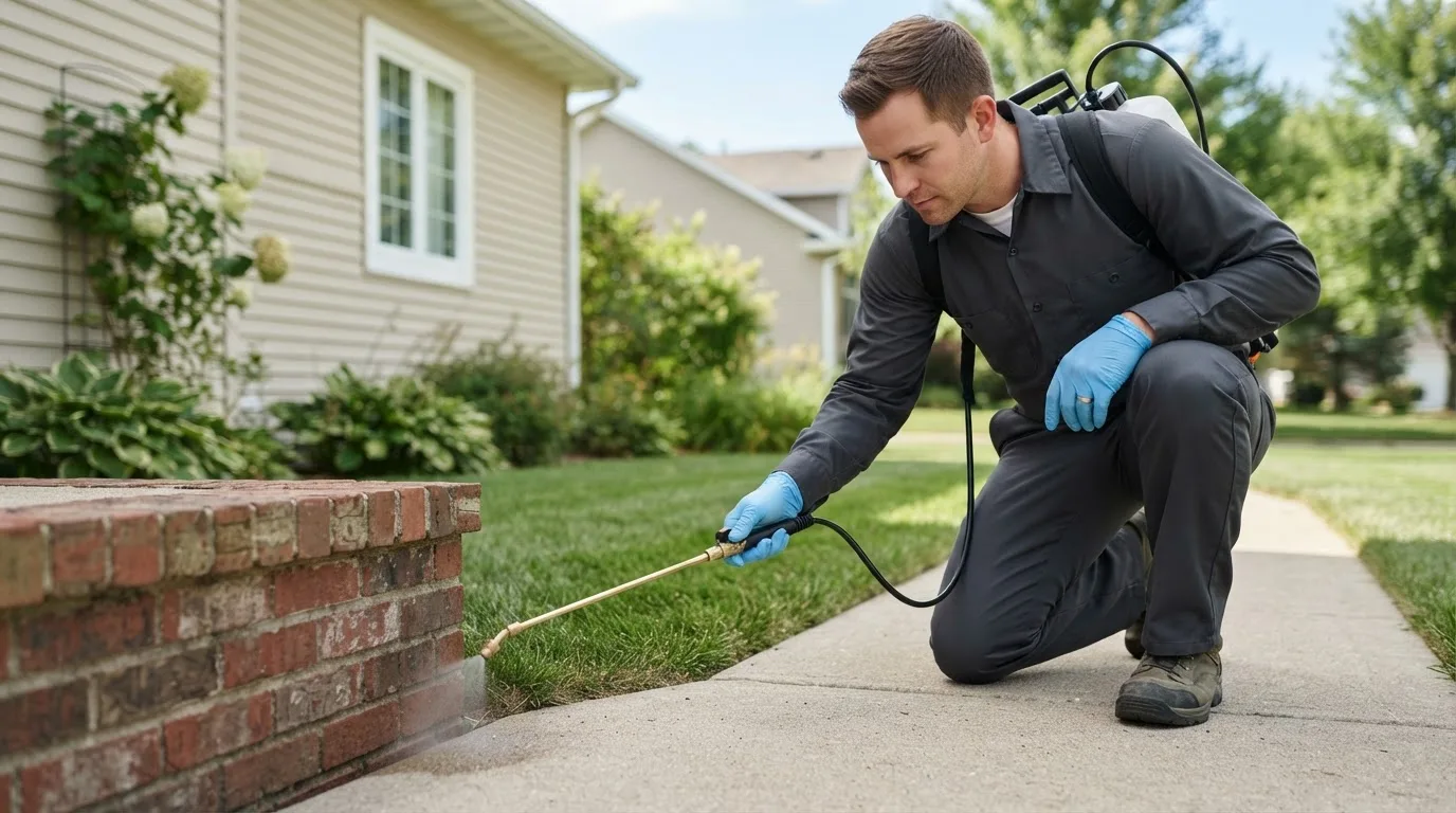Pest control technician treating a home near Amelia, NE