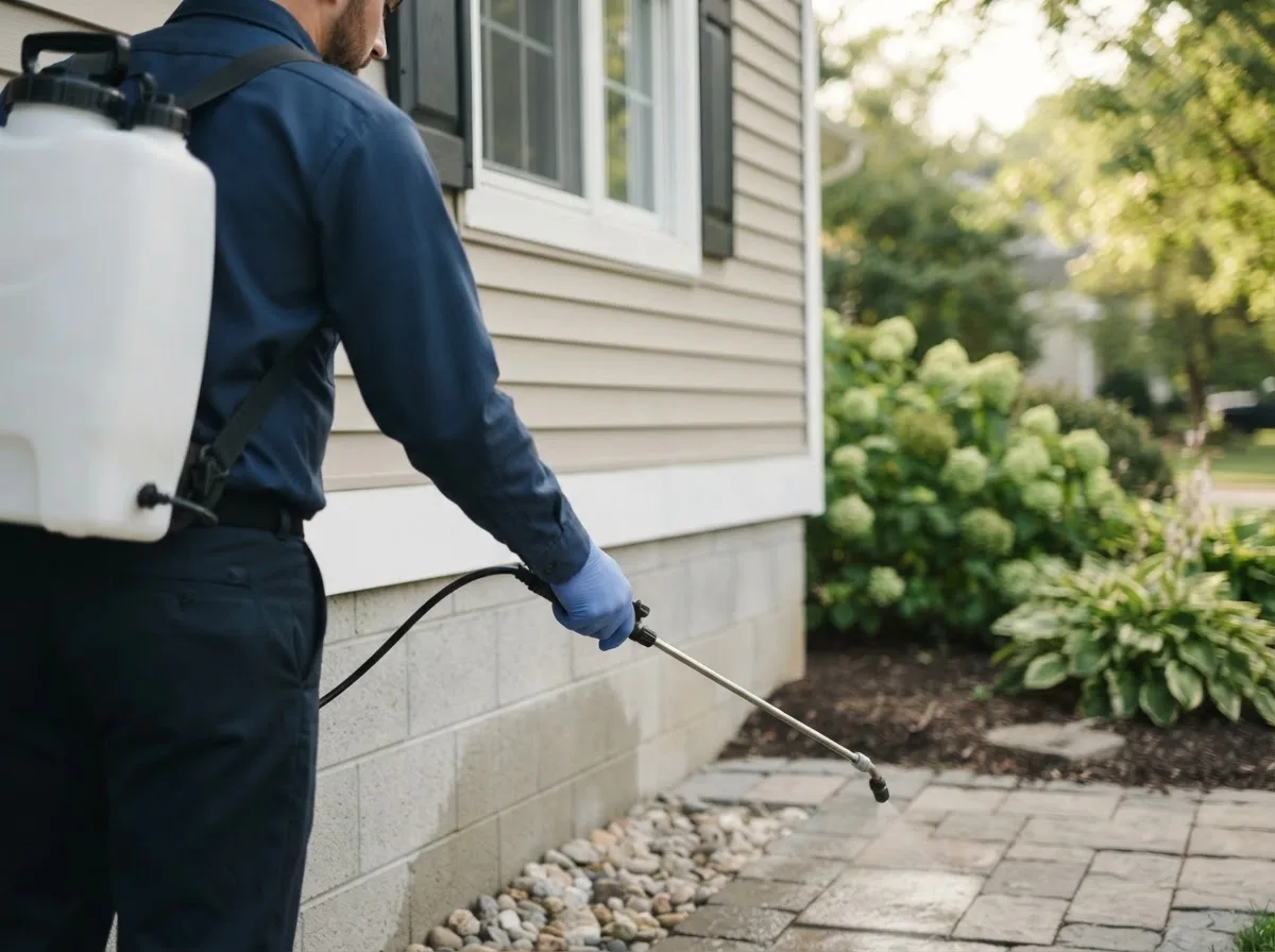 Pest control technician inspecting a home in Amelia, NE